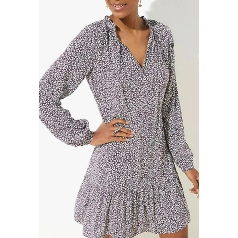 NWT, Ann Taylor LOFT, Split Tie Neck, Long Sleeve Ruffle Hem, Flowy Dress, Sz: 6